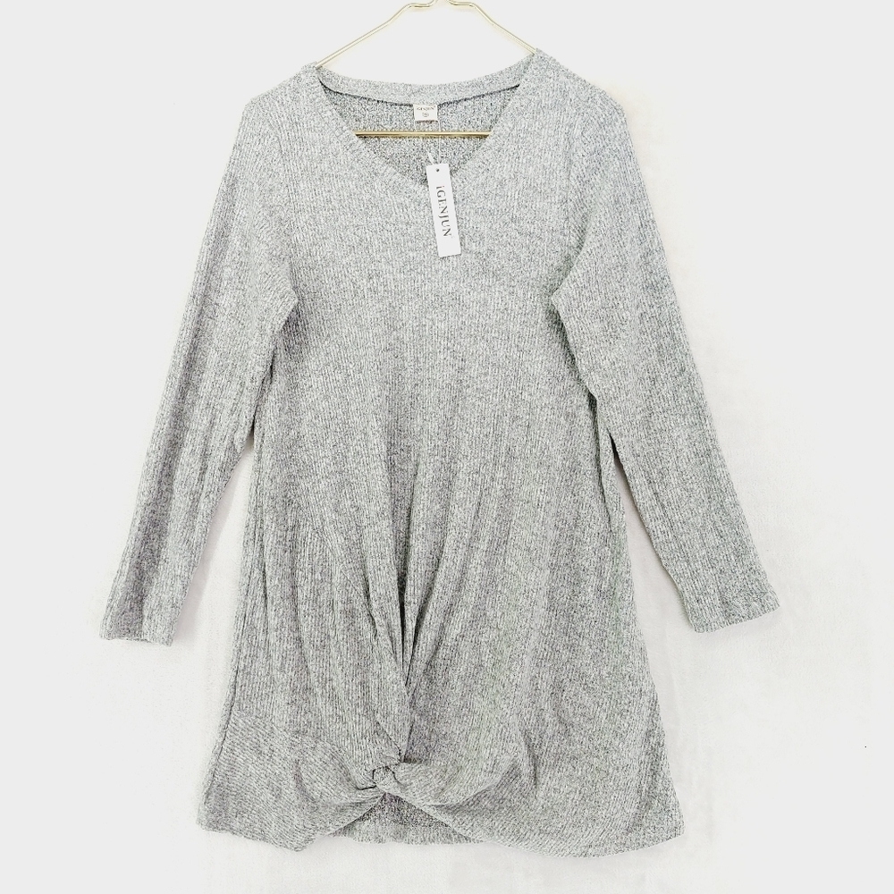 Igenjun Gray Long Sleeve V-Neck Heather Wrap Dress 1032